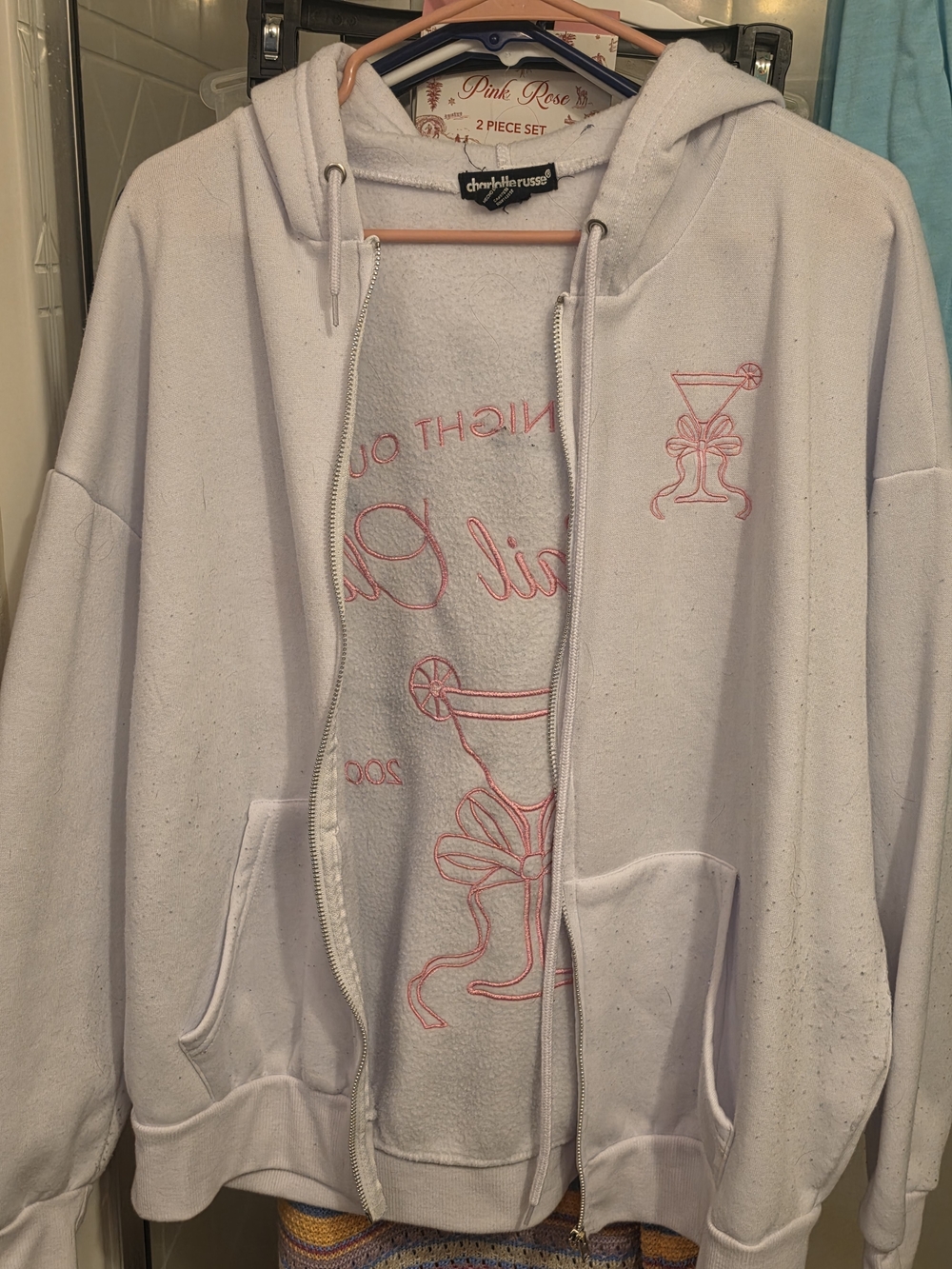Charlotte Russe White Zip Hoodie with Pink Cocktail Embroidery